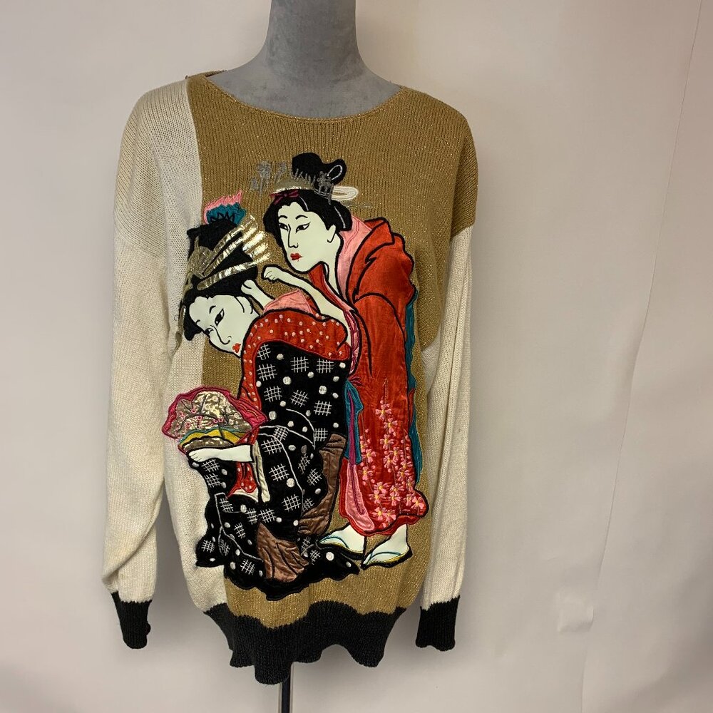 Bonnie Boerder Womens Sweater Size M Vintage 80s Asia Inspired Appliqued Rare